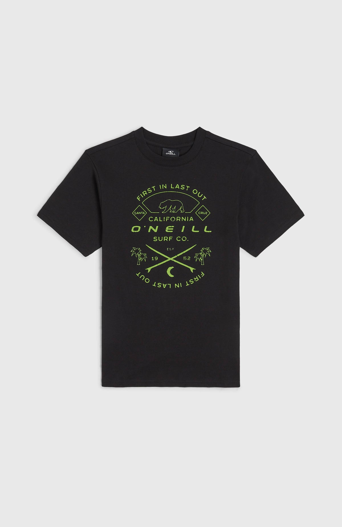Jack O'Neill Muir T-Shirt für Jungen, schwarz mit Grafik-Print in Grün, flach liegend von vorne fotografiert