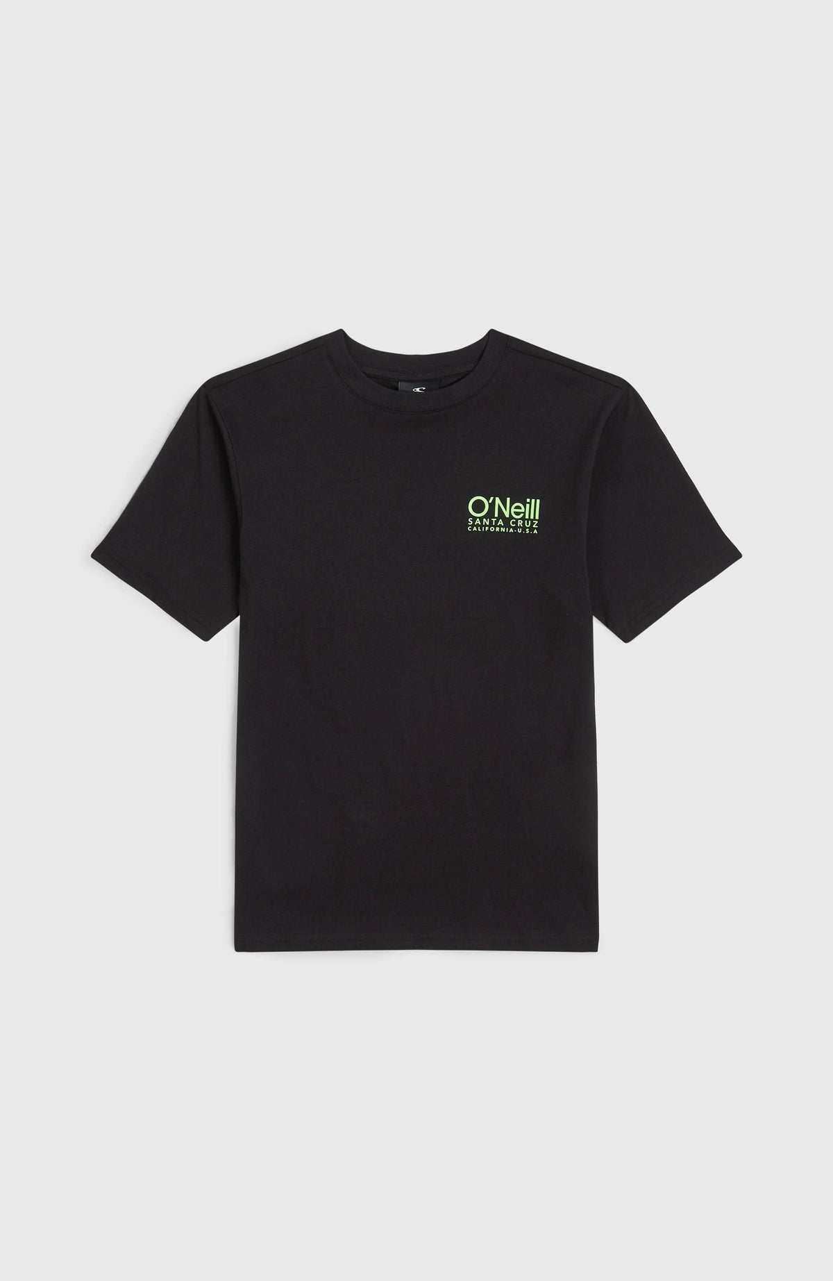 Original Cali Logo T-Shirt für Jungen, schwarz mit Logo-Print in Grün, flach liegend von vorne