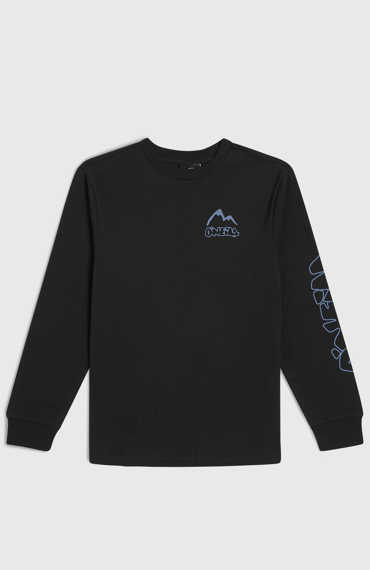 Schwarzes Langarmshirt für Jungen mit Logo-Print in Hellblau, flach liegend von vorne