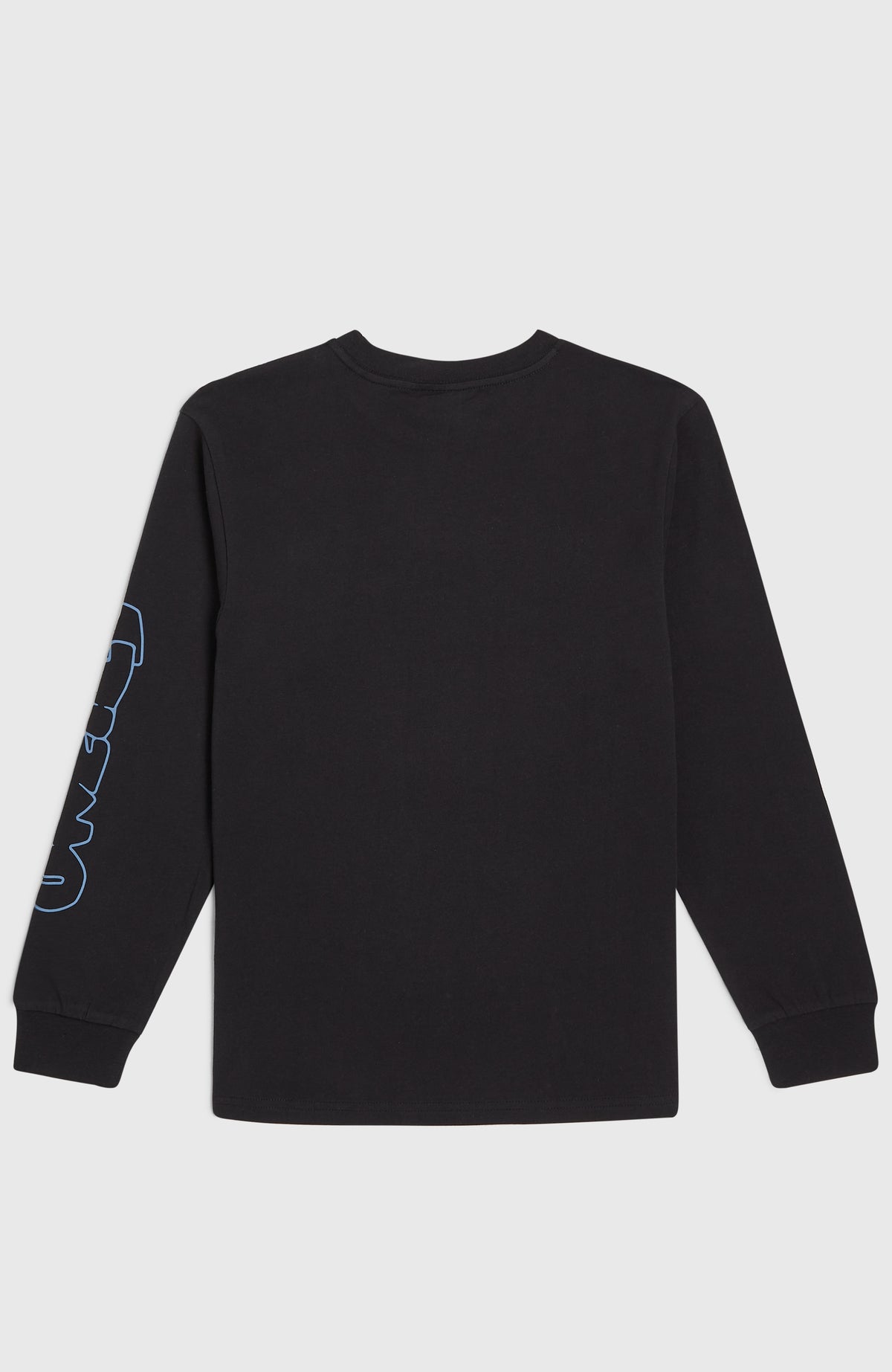 Schwarzes Langarmshirt für Jungen mit Logo-Print in Hellblau am Ärmel, flach liegend von hinten
