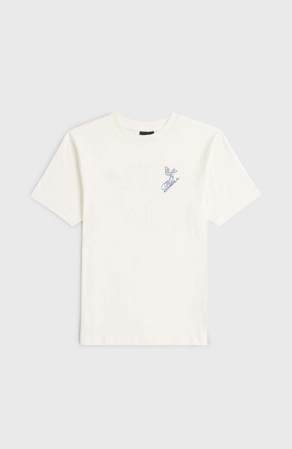 O'Neill Back-Print T-Shirt für Jungen, weiß mit Grafik-Print in Blau, flach liegend von vorne