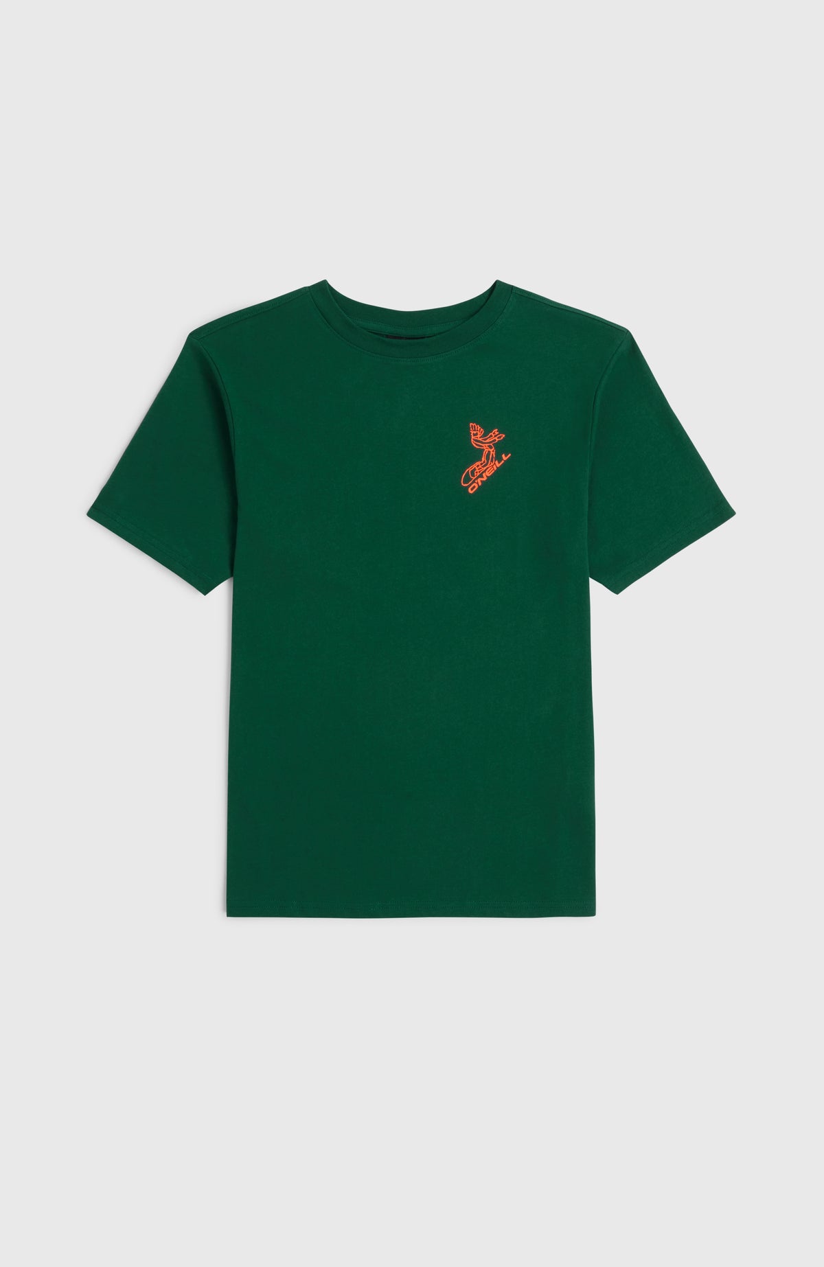 Back-Print T-Shirt für Jungen, grün mit Grafik-Print in Orange auf der Brust, flach liegend von vorne