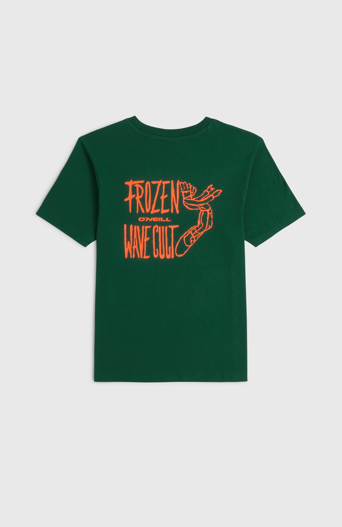 Back-Print T-Shirt für Jungen, grün mit großem Grafik-Print in Orange, flach liegend von hinten
