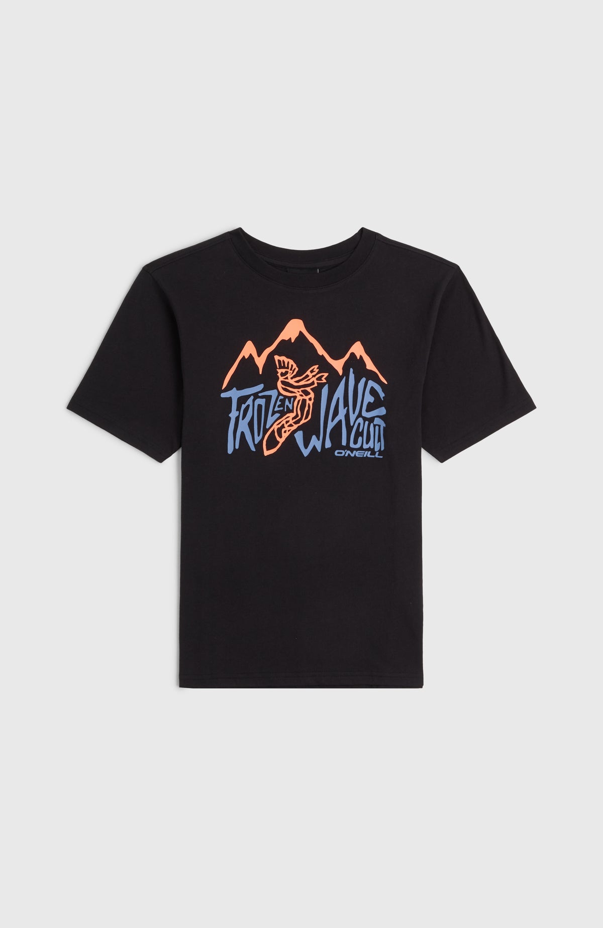 Must-Have T-Shirt für Jungen, schwarz mit Grafik-Print in Orange und Blau, flach liegend von vorne mit Rundhalskragen