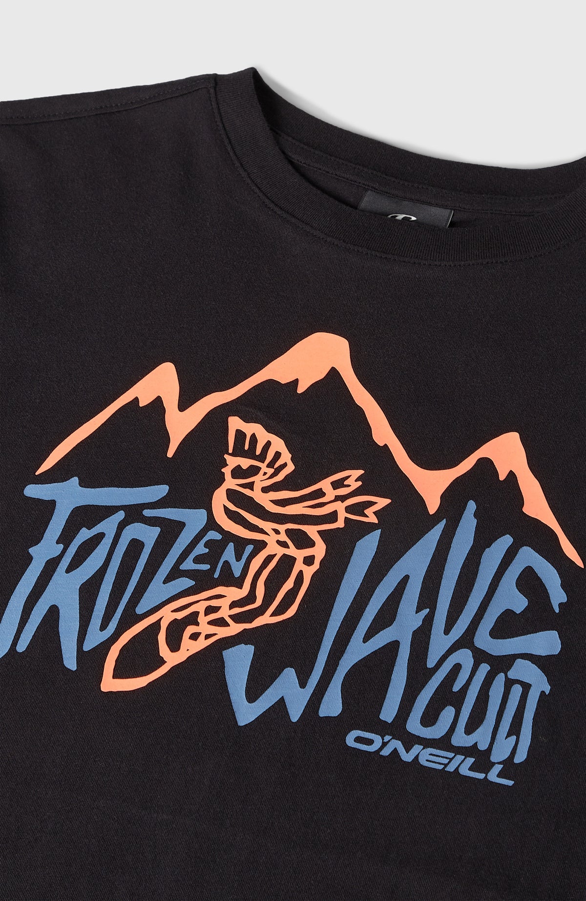Nahaufnahme des Must-Have T-Shirt in Schwarz, flach liegend mit Grafik-Print in Orange und Blau und Kragenbereich