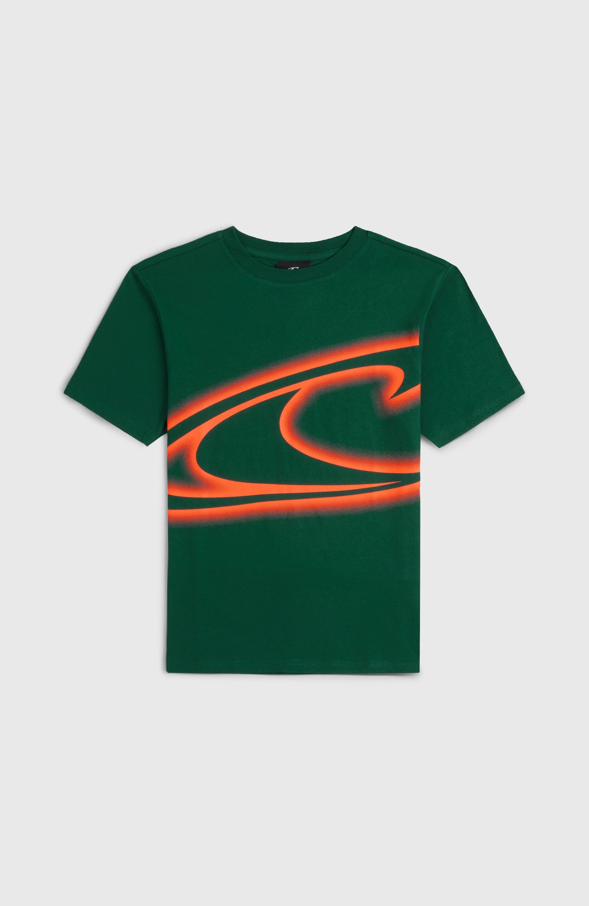 Wave T-Shirt für Jungen, grün mit Logo-Print in Orange, flach liegend von vorne freigestellt