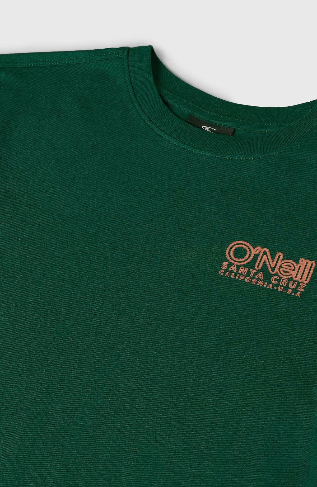 Essentials Cali Logo T-Shirt für Jungen, grün mit Logo-Print in Orange, Nahaufnahme des Rundhalsausschnitts
