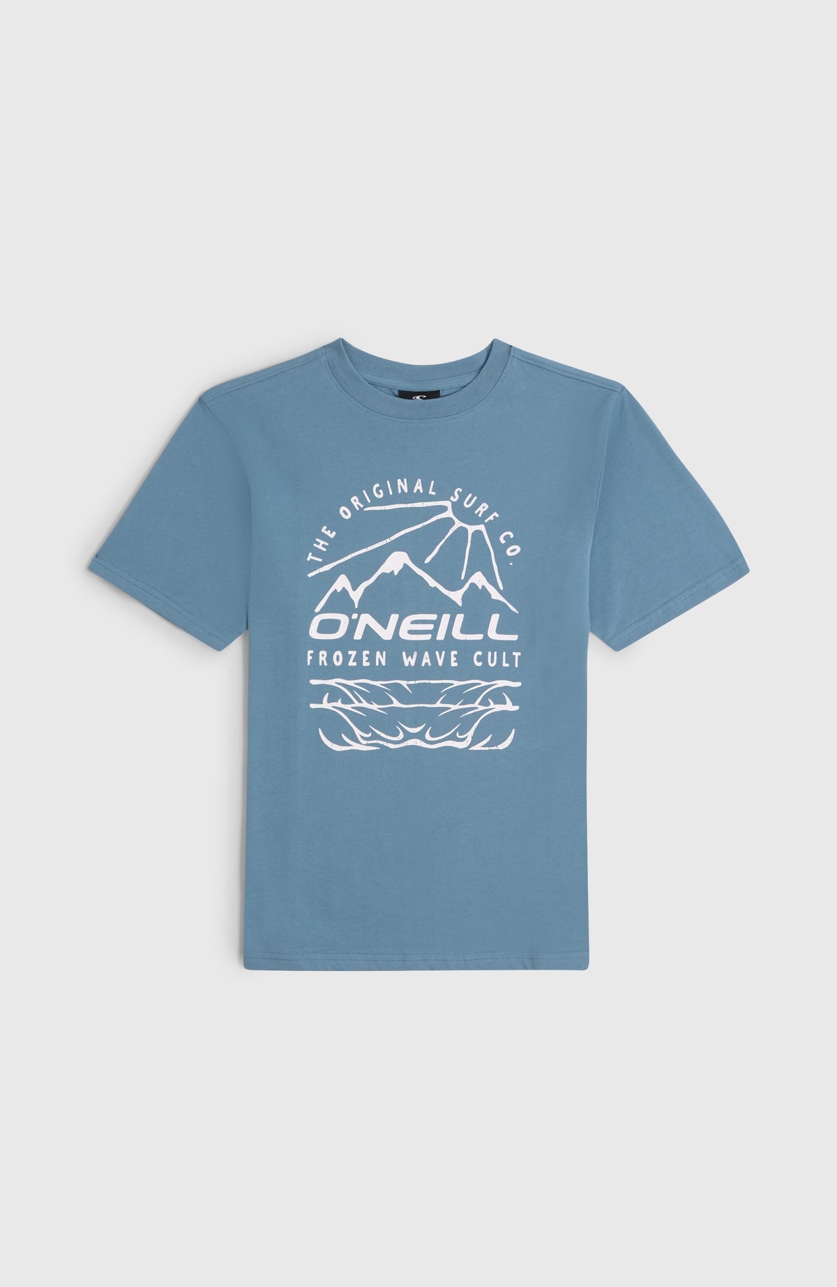 Jack O'Neill T-Shirt für Jungen, blau mit Logo-Print in Weiß, flach liegend von vorne