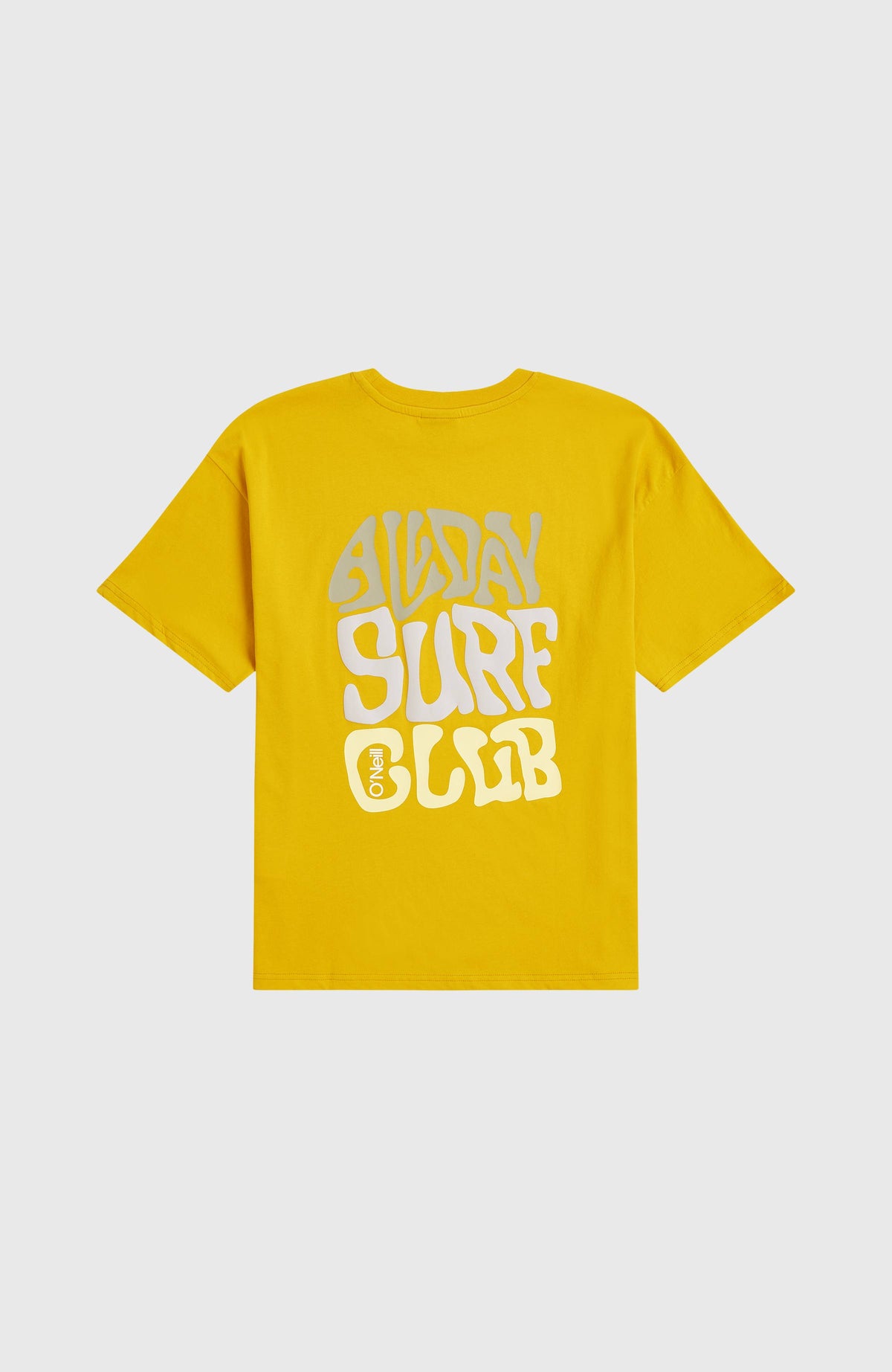 Gelbes Back Print T-Shirt für Jungen mit Logo-Print in Grau und Weiß, flach liegend von hinten