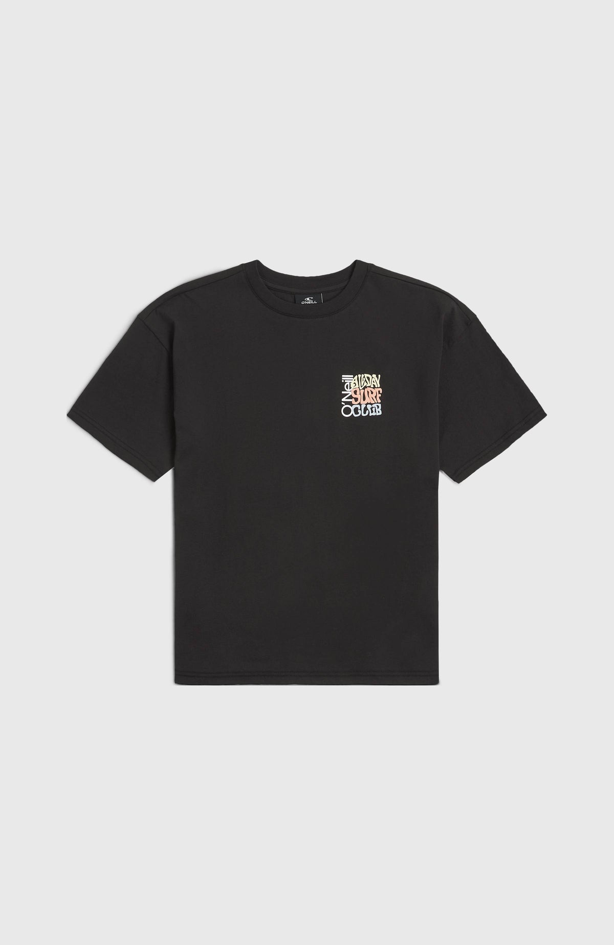 Schwarzes Back Print T-Shirt für Jungen mit Grafik-Print in Gelb und Orange, flach liegend von vorne