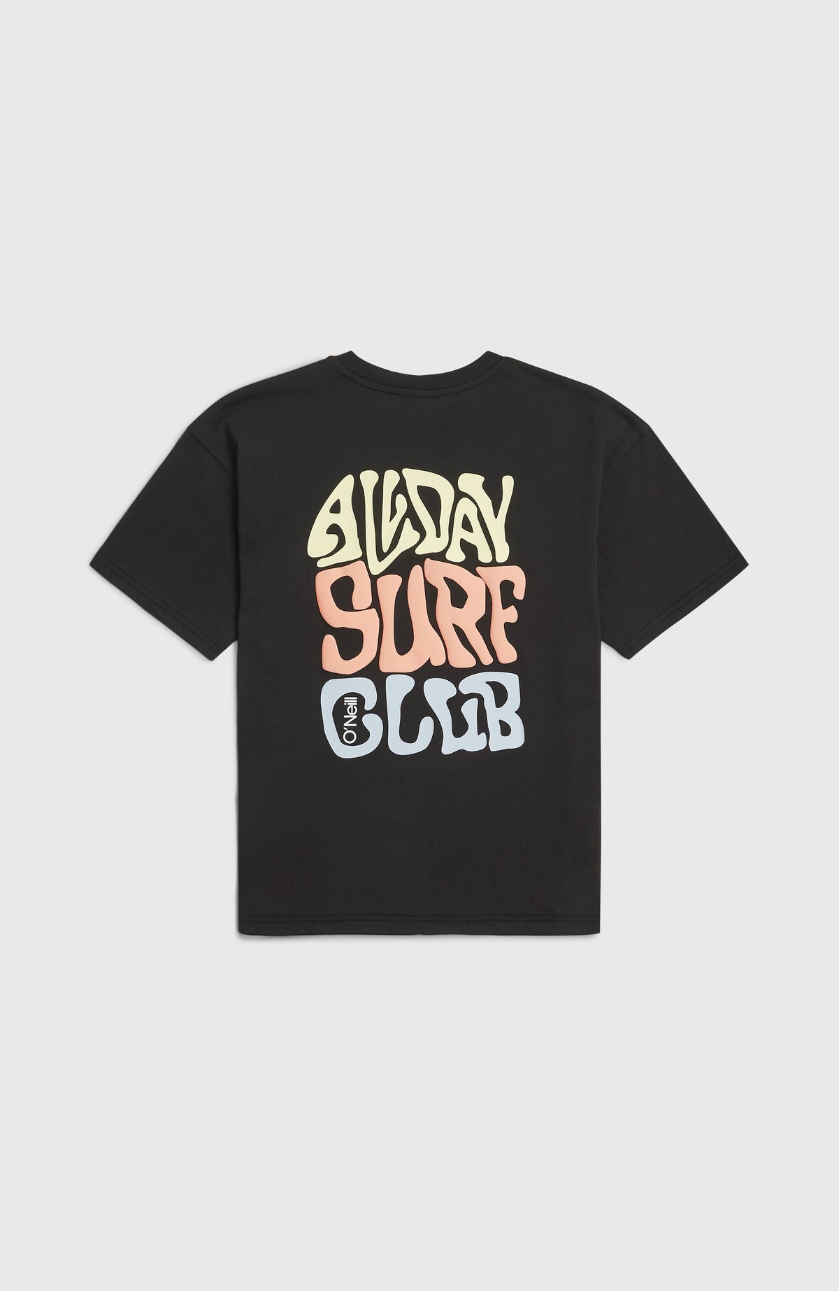 Schwarzes Back Print T-Shirt für Jungen mit Grafik-Print in Gelb und Orange, flach liegend von hinten