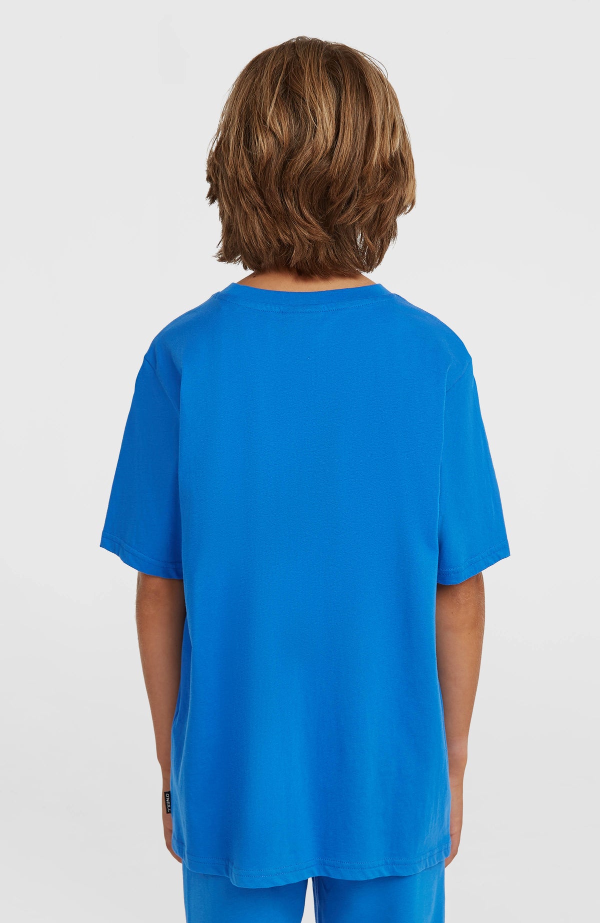 Cali T-Shirt für Jungen, blau, Rückansicht am Model mit Logo-Etikett am Saum