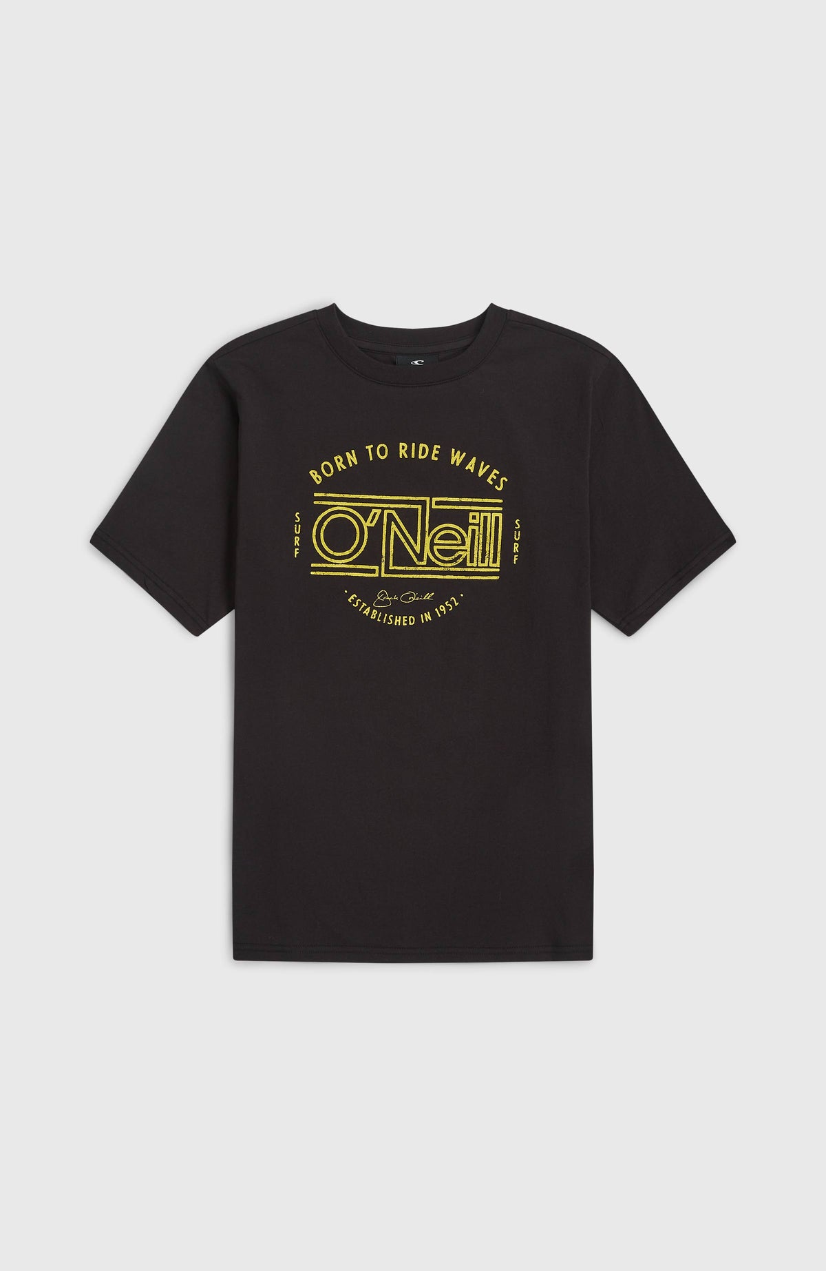 Muir T-Shirt für Jungen, schwarz mit Logo-Print in Gelb, flach liegend von vorne
