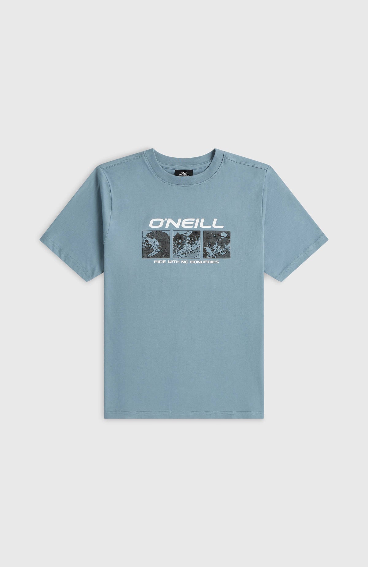 Graphic T-Shirt für Jungen, blau mit Grafik-Print in Weiß und Schwarz, flach liegend von vorne
