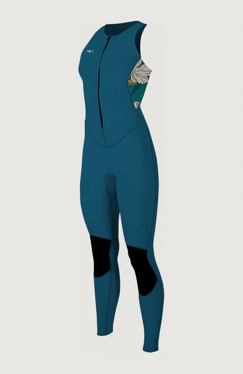 O'Neill Bahia 1.5mm Front Zip Sleeveless Full Wetsuit für Damen, blau mit Blumenmuster in Grün und Beige, Vorderansicht