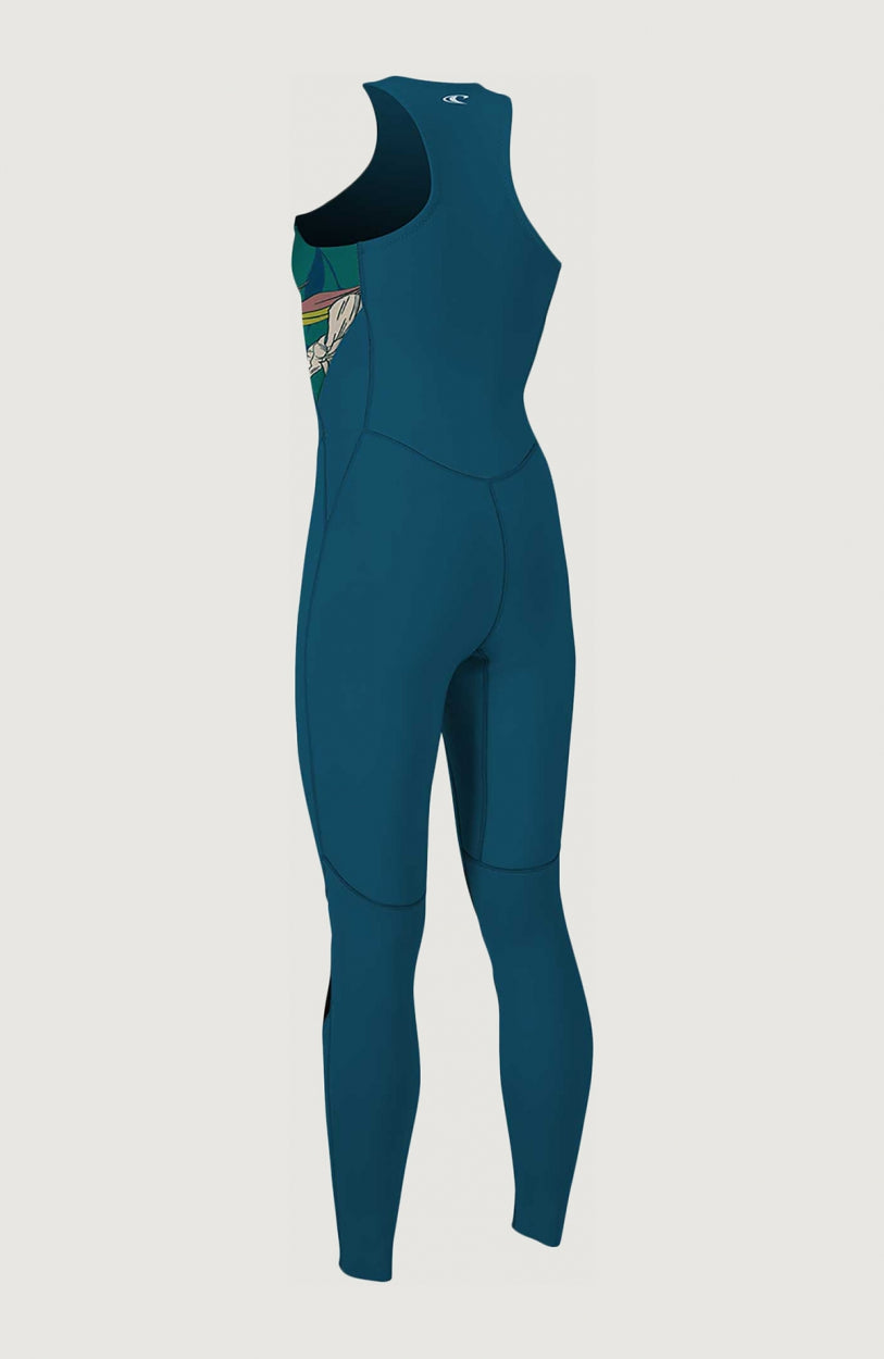 Bahia 1.5mm Neoprenanzug für Damen, blau mit Blumenmuster in Grün und Beige, freigestellt von der Rückseite