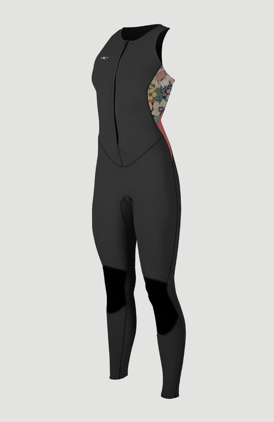 O'Neill Bahia 1.5mm Front Zip Sleeveless Full Wetsuit für Damen, schwarz mit Blumenmuster in Rosa, Vorderansicht