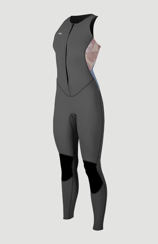 O'Neill Bahia 1.5mm Front Zip Sleeveless Full Wetsuit Neoprenanzug für Damen, grau mit Blumenmuster in Rosa, Vorderansicht
