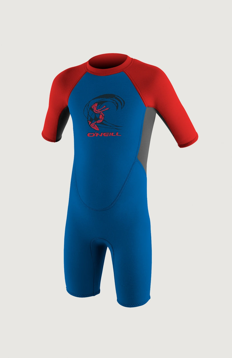 O'Neill Reactor-2 2mm Back Zip Shortsleeve Spring Wetsuit Neoprenanzug für Jungen, blau mit Logo-Print in Rot, Vorderansicht