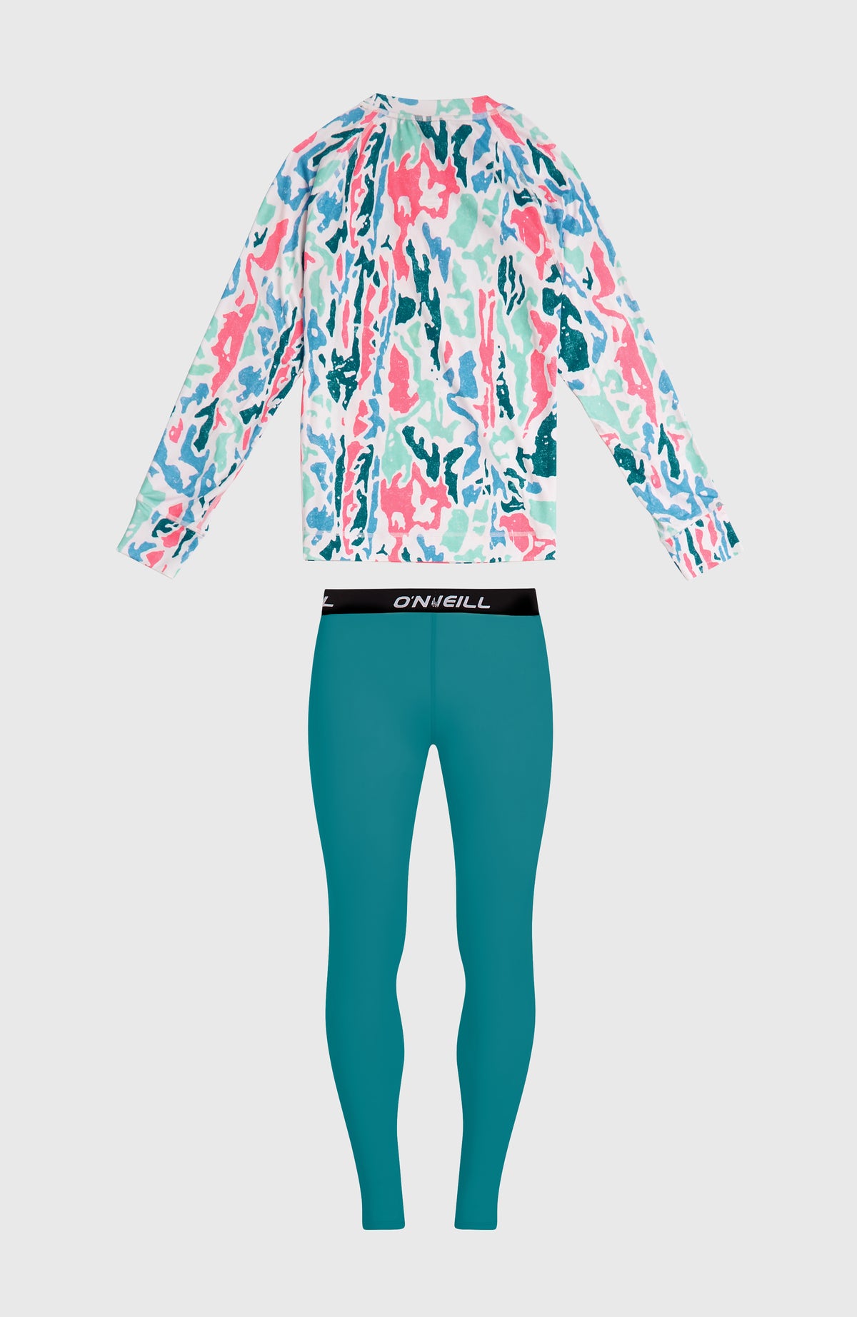 Baselayer-Set für Jungen, weiß mit Camouflage-Muster in Pink und Türkis, flach liegend in der Rückansicht