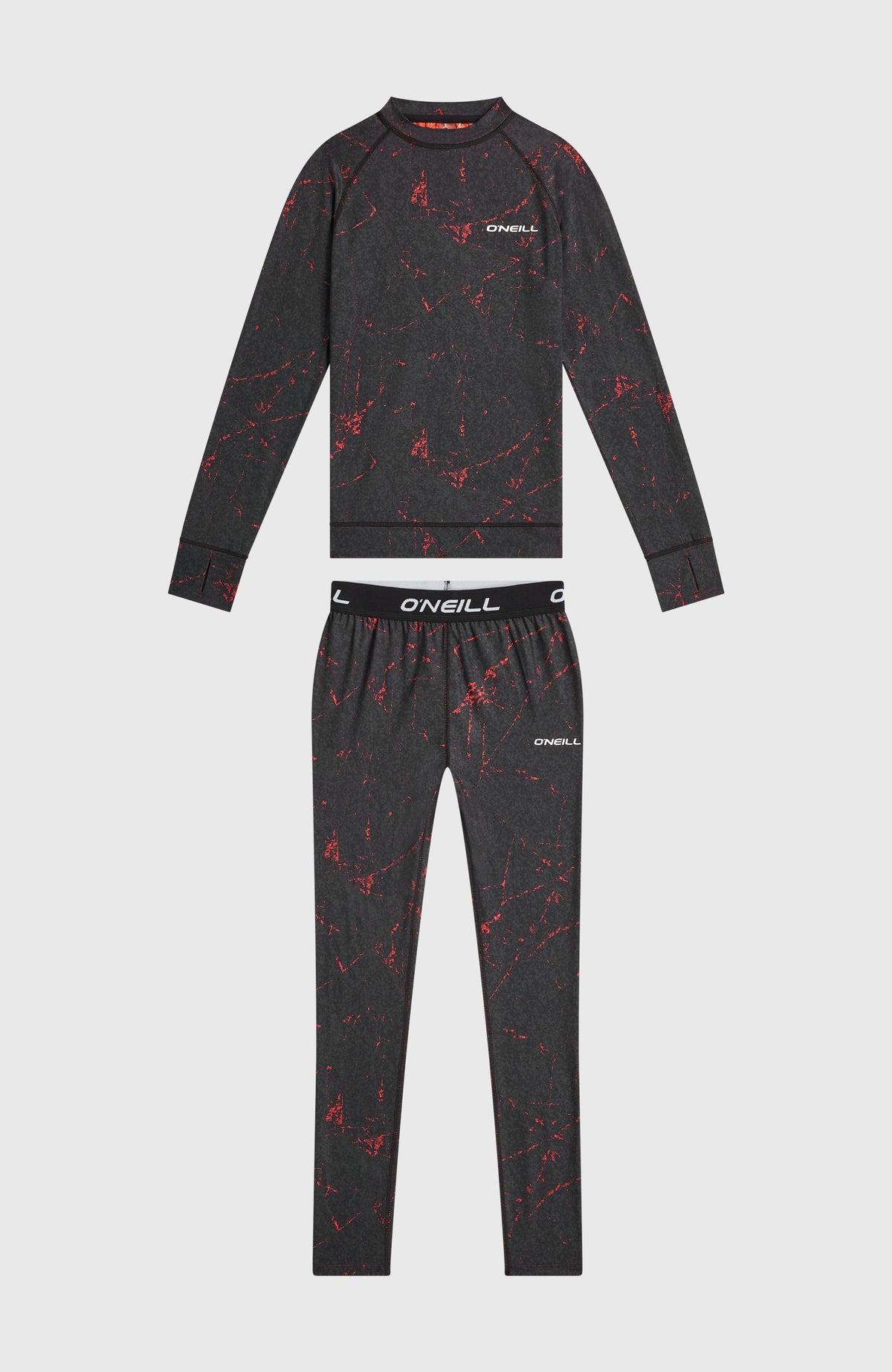 Baselayer-Set für Jungen, schwarz mit Sprenkelmuster in Rot, flach liegend von vorne mit Oberteil und Hose