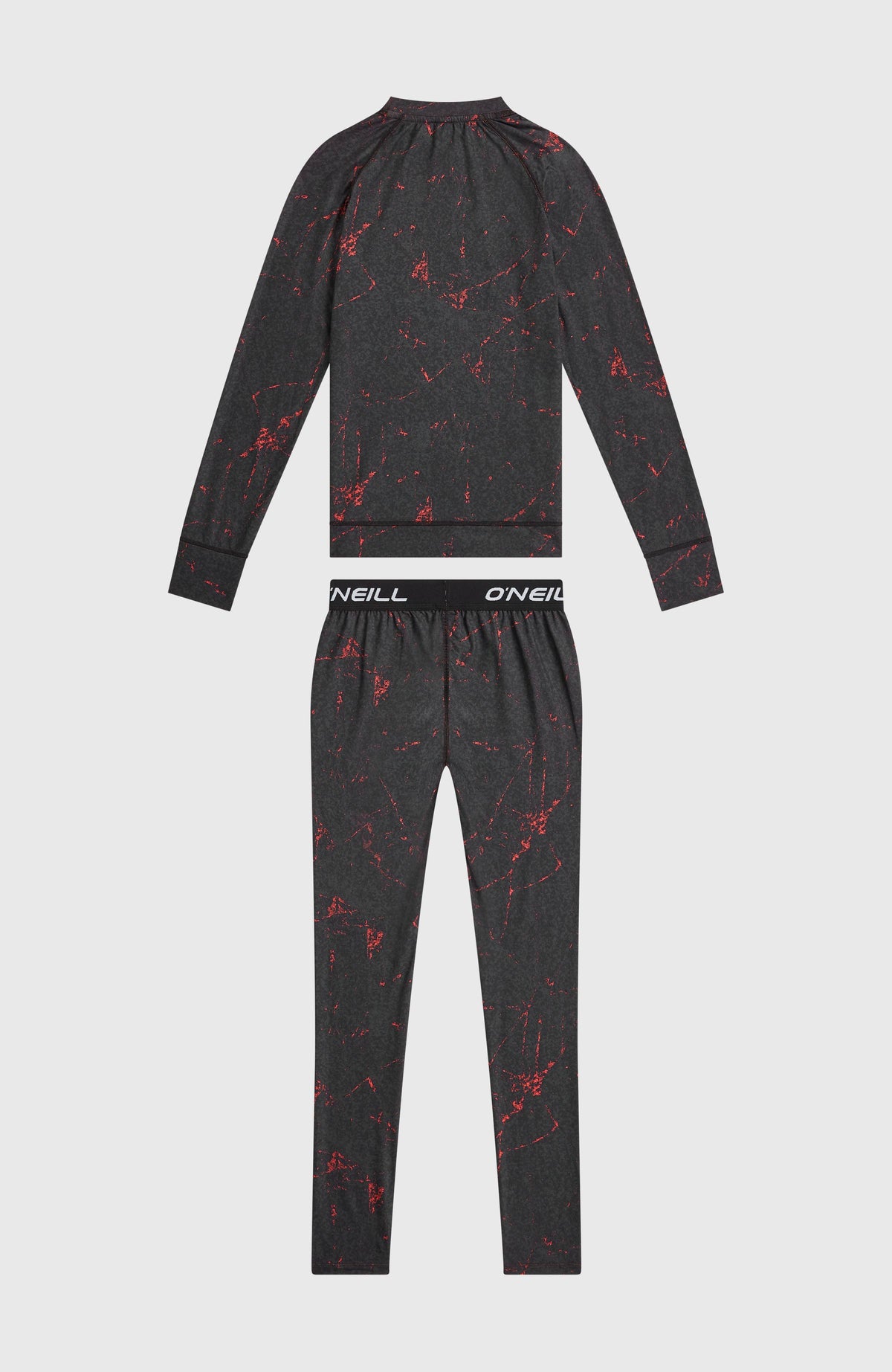 Baselayer-Set für Jungen, schwarz mit Sprenkelmuster in Rot, flach liegend von hinten