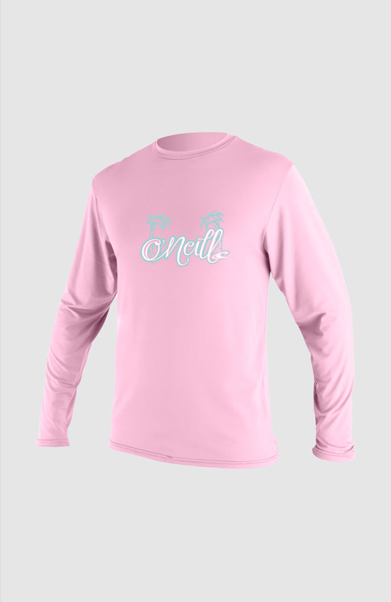 O'Neill Skins Long Sleeve Rash Tee Schwimmshirt für Mädchen, pink mit Logo-Print in Weiß und Türkis, Vorderansicht
