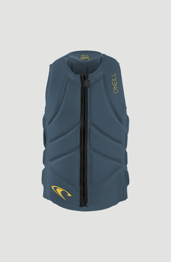 O'Neill Slasher Competition Vest Weste für Herren, blau mit Logo-Print in Gelb, freigestellt von vorne mit Reißverschluss