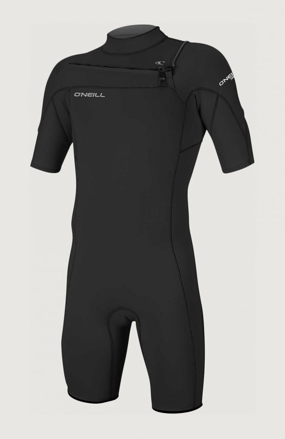O'Neill Hammer 2mm Chest Zip Shortsleeve Spring Wetsuit für Herren, schwarz, freigestellt in der Vorderansicht