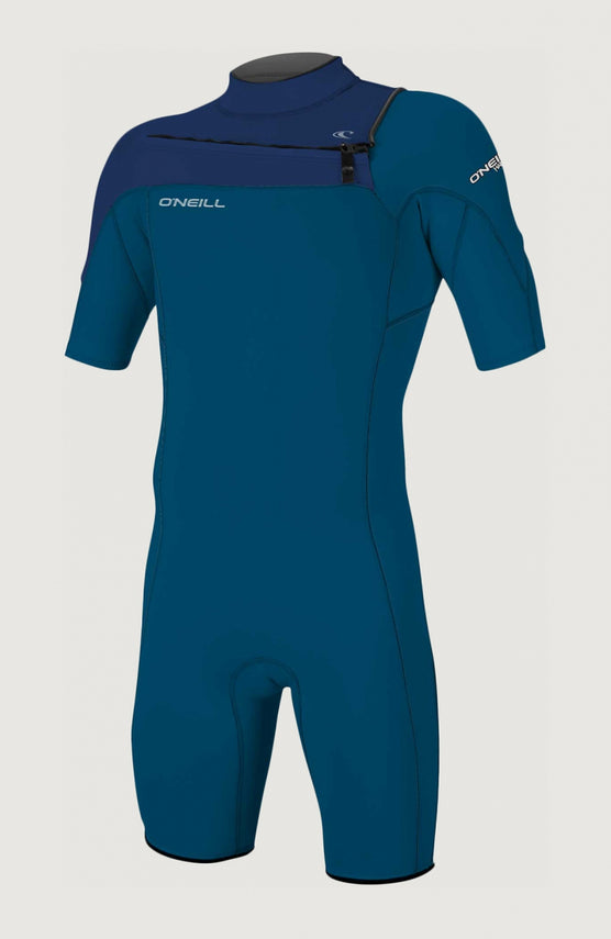 O'Neill Hammer 2mm Chest Zip Shortsleeve Spring Wetsuit für Herren, blau, freigestellt von vorne mit kurzem Reißverschluss