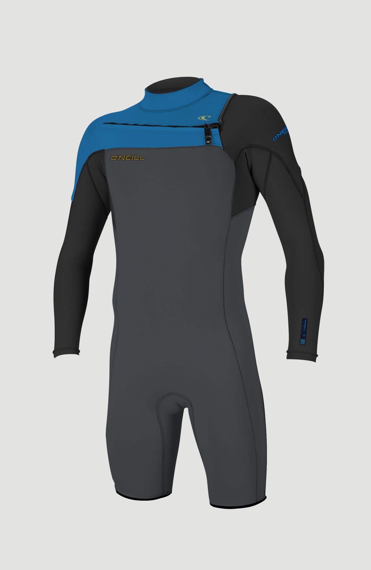 O'Neill Hammer 2mm Chest Zip Long Sleeve Spring Wetsuit für Herren, grau, freigestellt von vorne mit Front-Reißverschluss