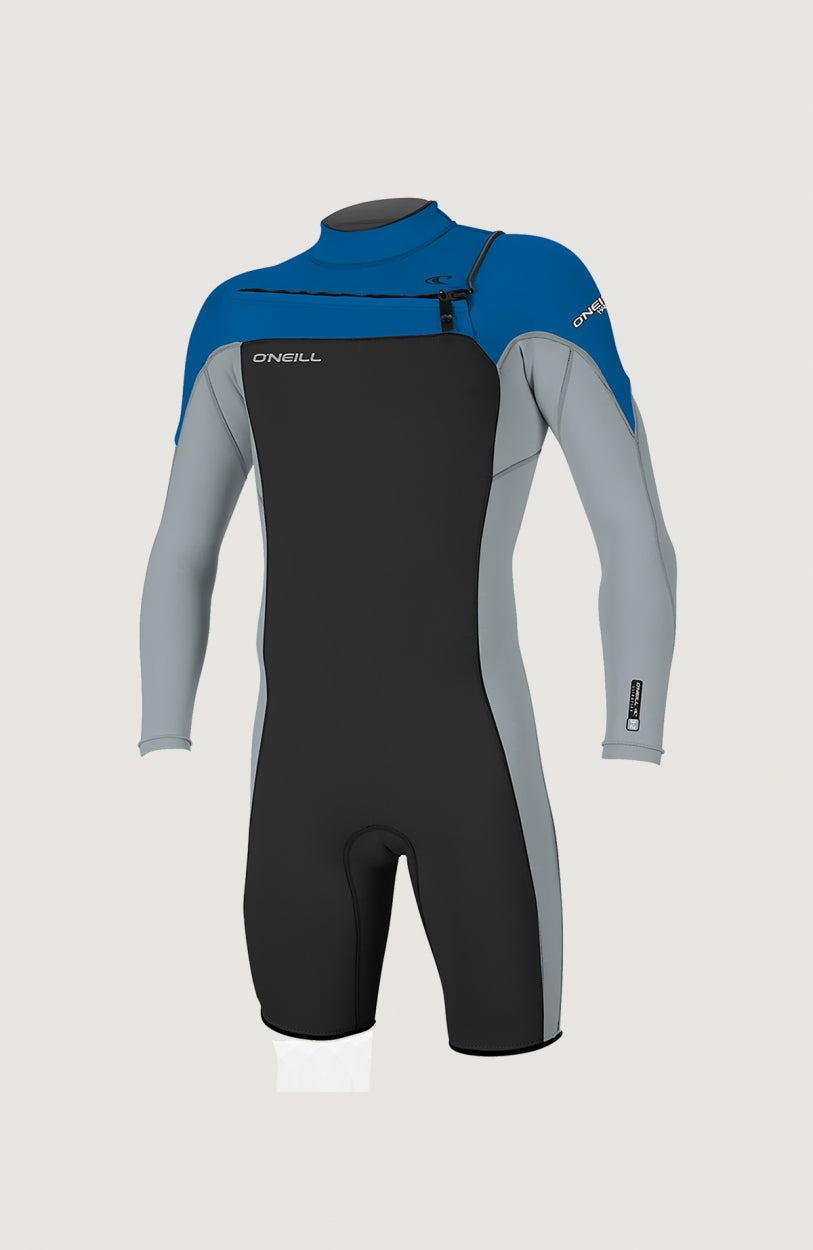 O'Neill Hammer 2mm Chest Zip Long Sleeve Spring Wetsuit für Herren, schwarz, freigestellt von vorne mit Stehkragen
