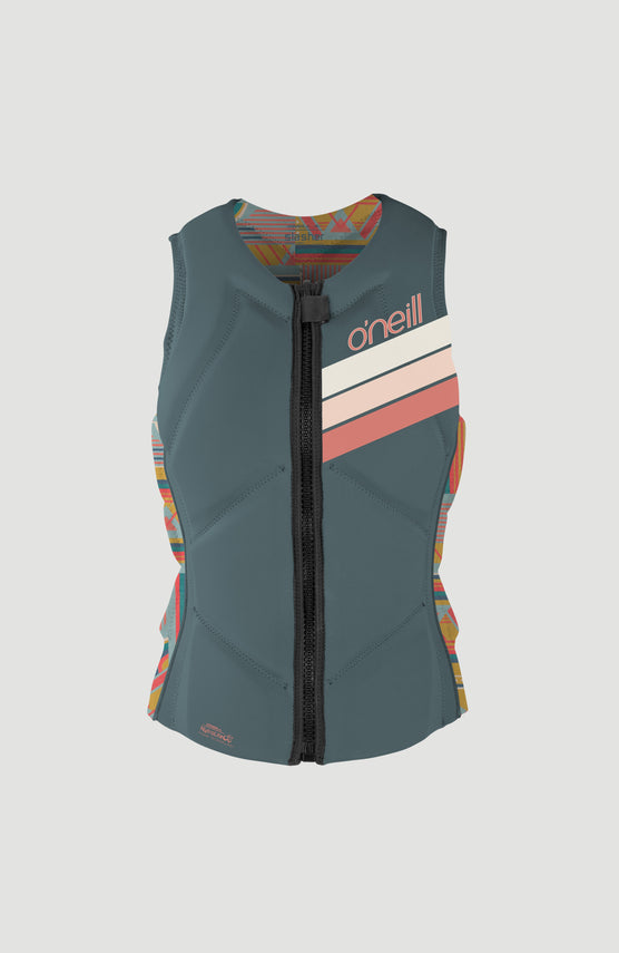 O'Neill Slasher Competition Vest Weste für Damen, grau mit Streifenmuster in Rosa und Weiß, freigestellt von vorne