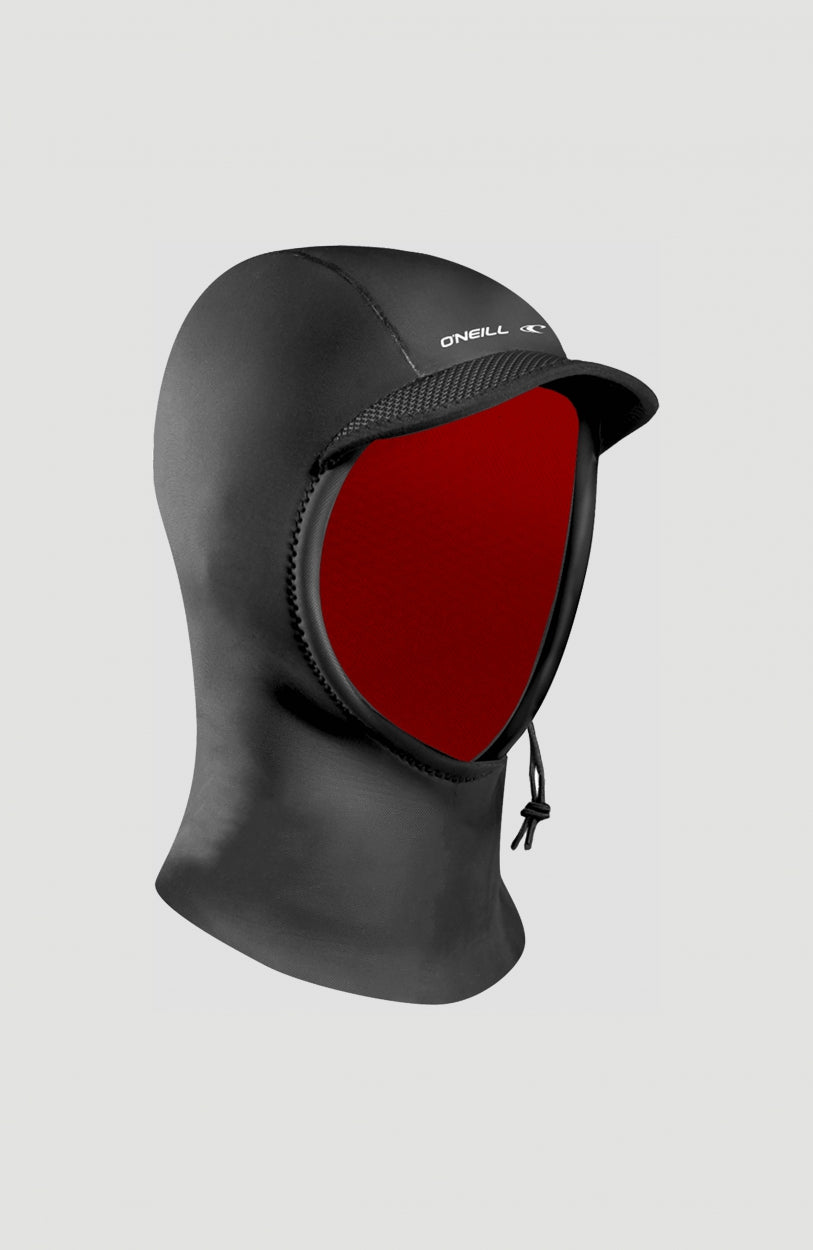 O'Neill Psycho 1.5mm Hoodie Neoprenhaube für Herren, schwarz, freigestellt von schräg vorne, Schirm und Kordelzug