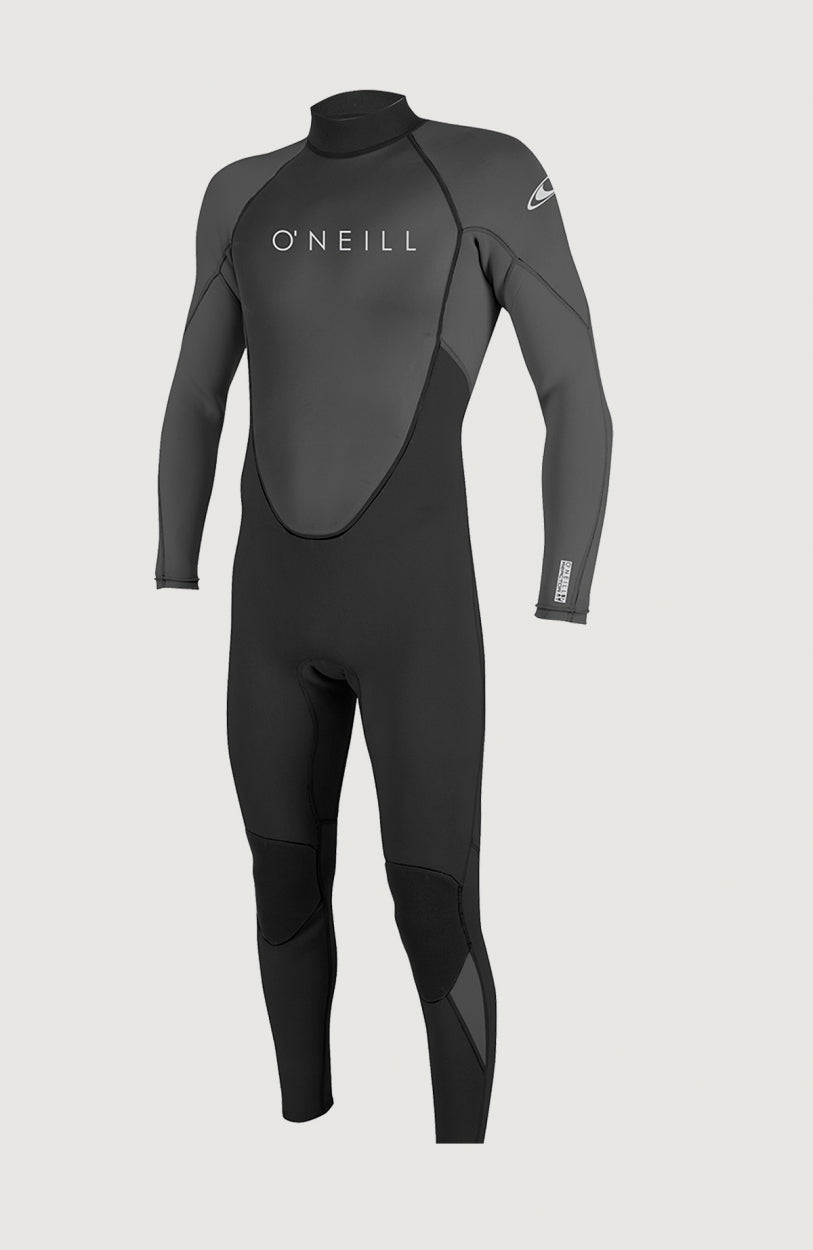 O'Neill Reactor-2 3/2mm Back Zip Full Wetsuit Neoprenanzug für Herren in Schwarz, Vorderansicht mit weißem Logo