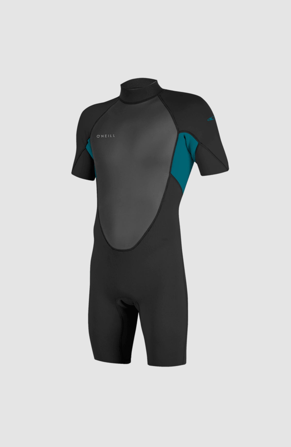 O'Neill Reactor-2 2mm Back Zip Short Sleeve Spring Wetsuit für Herren, schwarz, freigestellt von schräg vorne