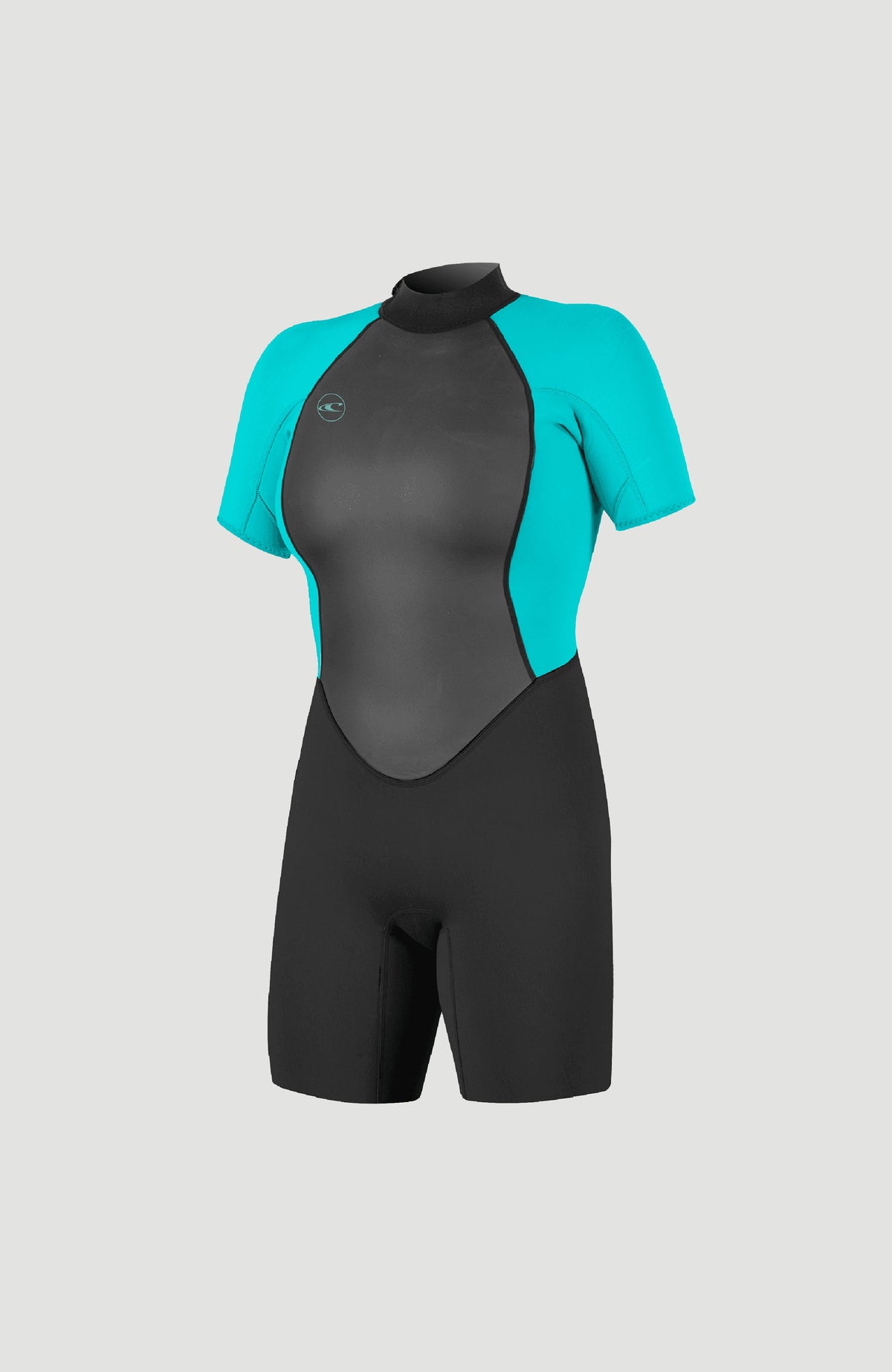O'Neill Reactor-2 2mm Back Zip Shortsleeve Spring Wetsuit für Damen, schwarz, Neoprenanzug freigestellt von schräg vorne