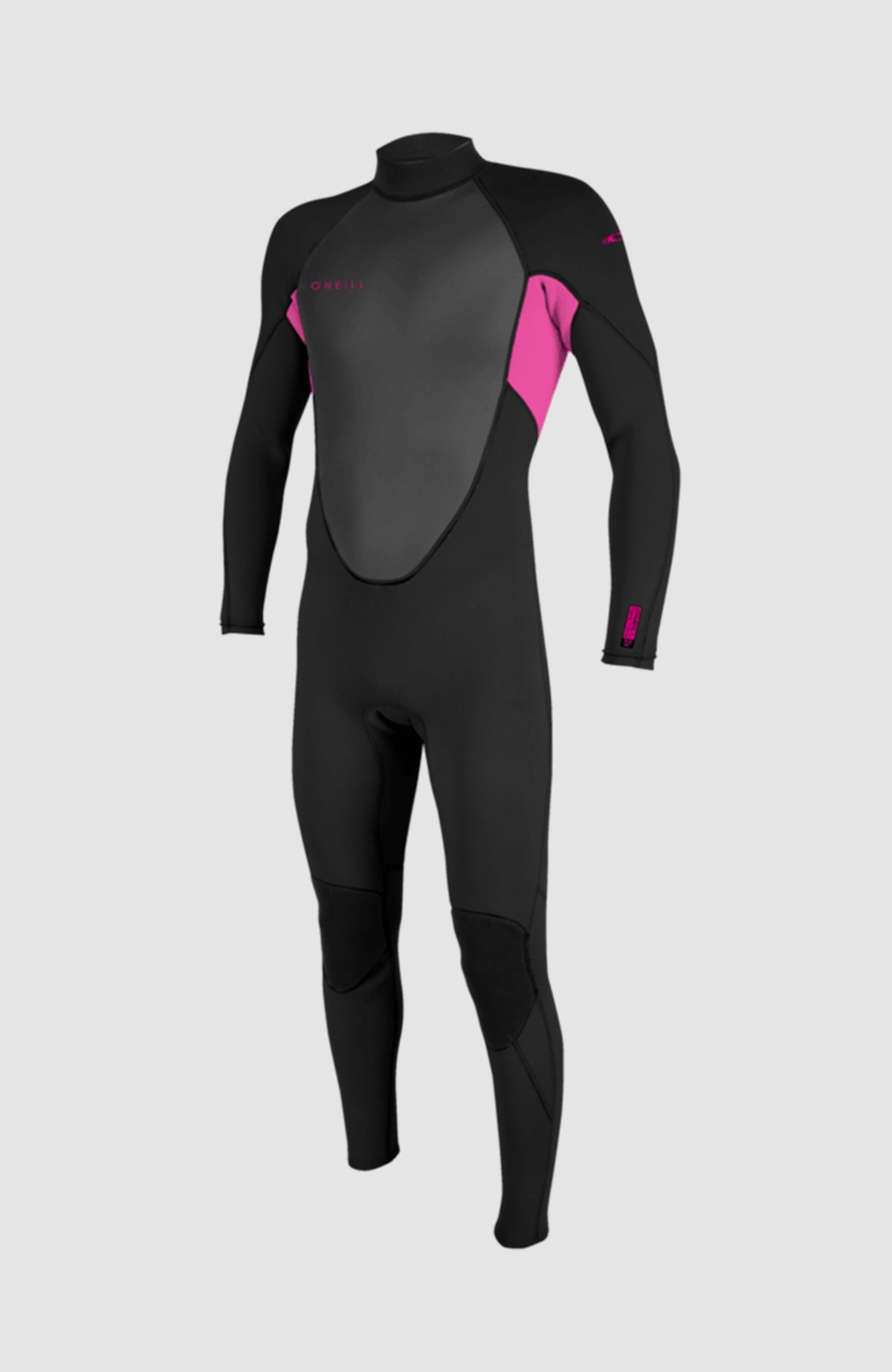 O'Neill Reactor-2 3/2 Back Zip Full Wetsuit Neoprenanzug für Jungen, schwarz mit pinken Einsätzen, freigestellt von vorne