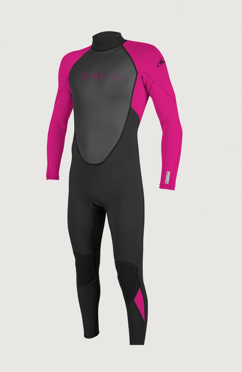 Reactor-2 3/2mm Back Zip Full Wetsuit Neoprenanzug für Mädchen, schwarz, freigestellt in Schrägansicht von vorne