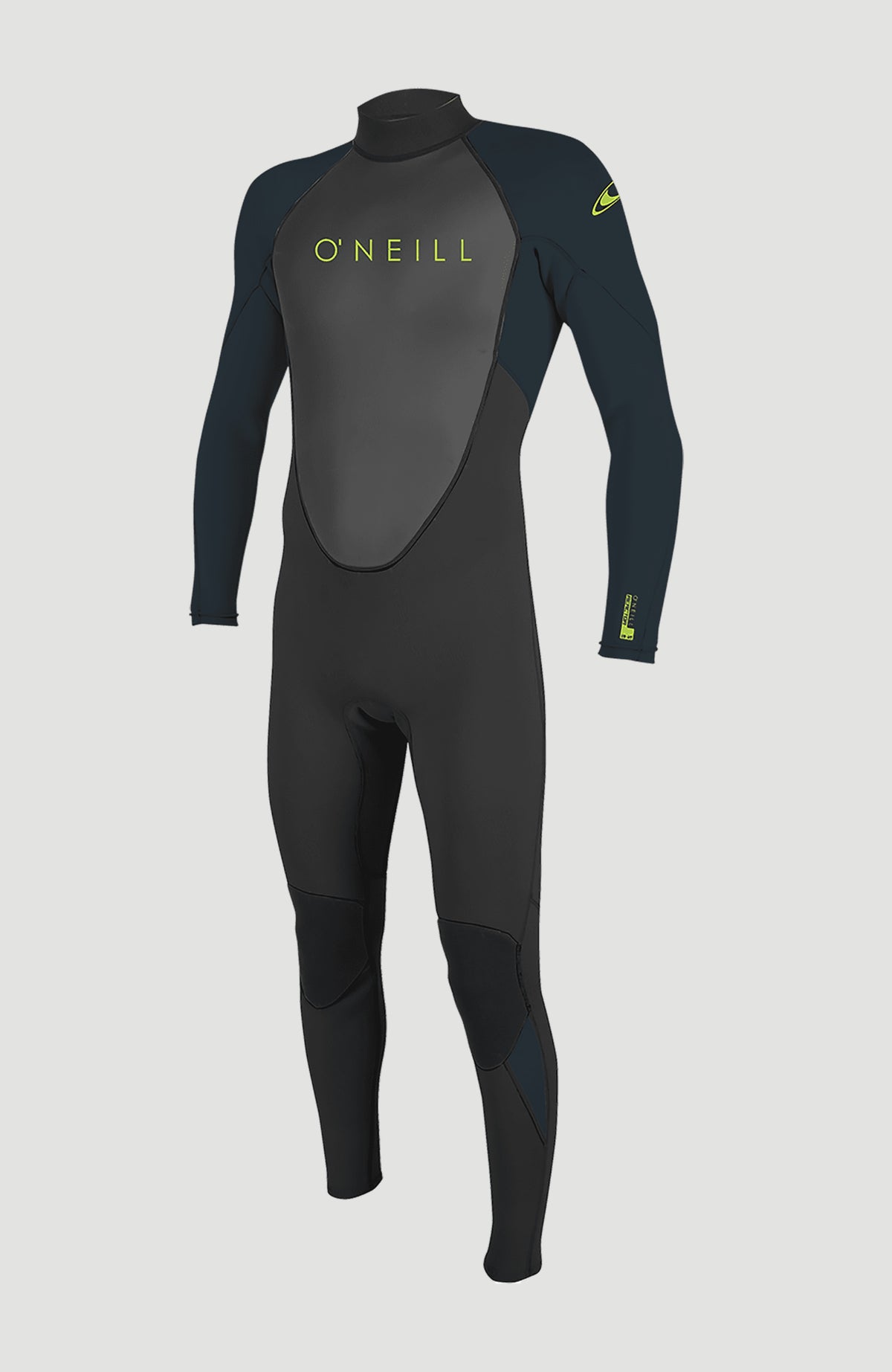 O'Neill Reactor-2 3/2mm Back Zip Full Wetsuit Neoprenanzug für Mädchen, schwarz, freigestellt von vorne mit Stehkragen
