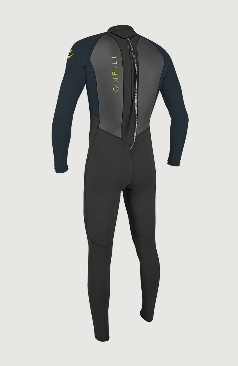 Schwarzer Reactor-2 3/2mm Back Zip Full Wetsuit Neoprenanzug, freigestellt von hinten, langes Zugband am Reißverschluss