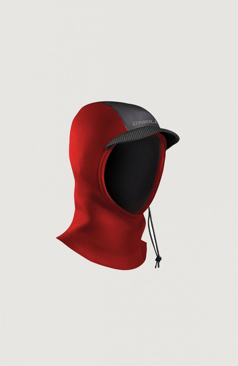 Kinder Psycho Hood 3mm Neoprenhaube, rot, freigestellt mit Kordelzug und Schirm