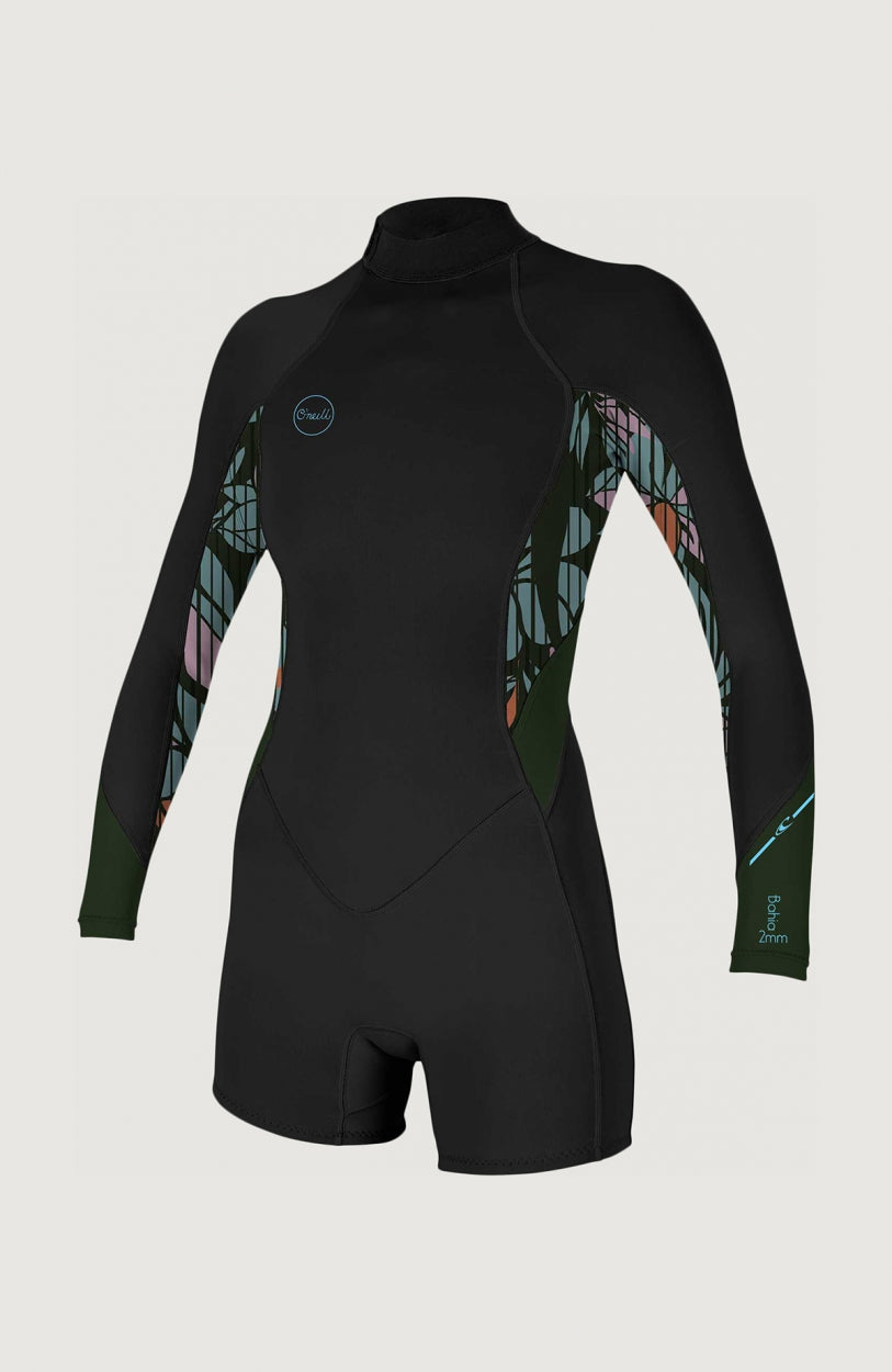 O'Neill Bahia 2/1mm Back Zip Longsleeve Spring Wetsuit für Damen, schwarz mit Blumenmuster, freigestellt von vorne
