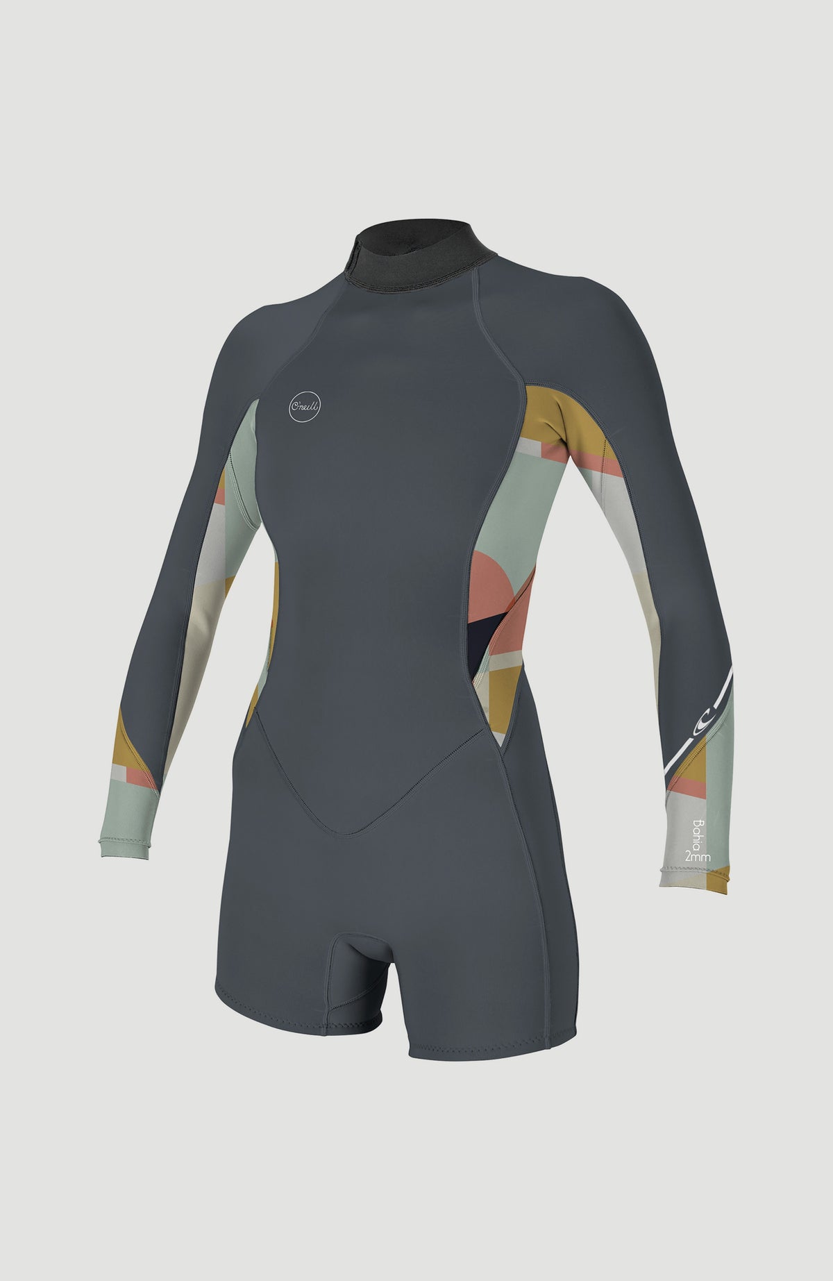 O'Neill Bahia 2/1mm Back Zip Longsleeve Spring Wetsuit für Damen, blau mit Geometriemuster in Gelb und Rosa, freigestellt