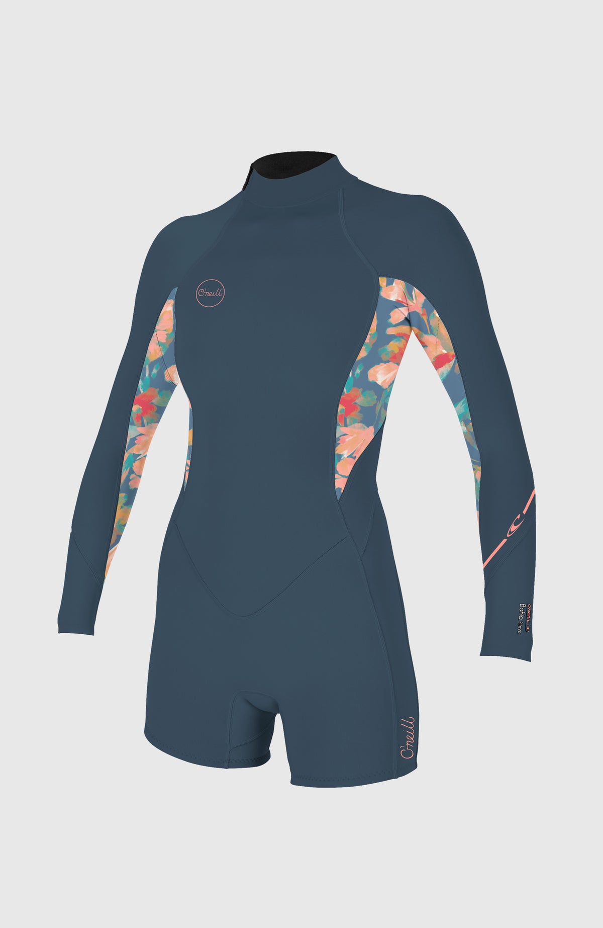 O'Neill Bahia 2/1mm Back Zip Longsleeve Spring Wetsuit für Damen, blau mit Blumenmuster in Rosa, Vorderansicht