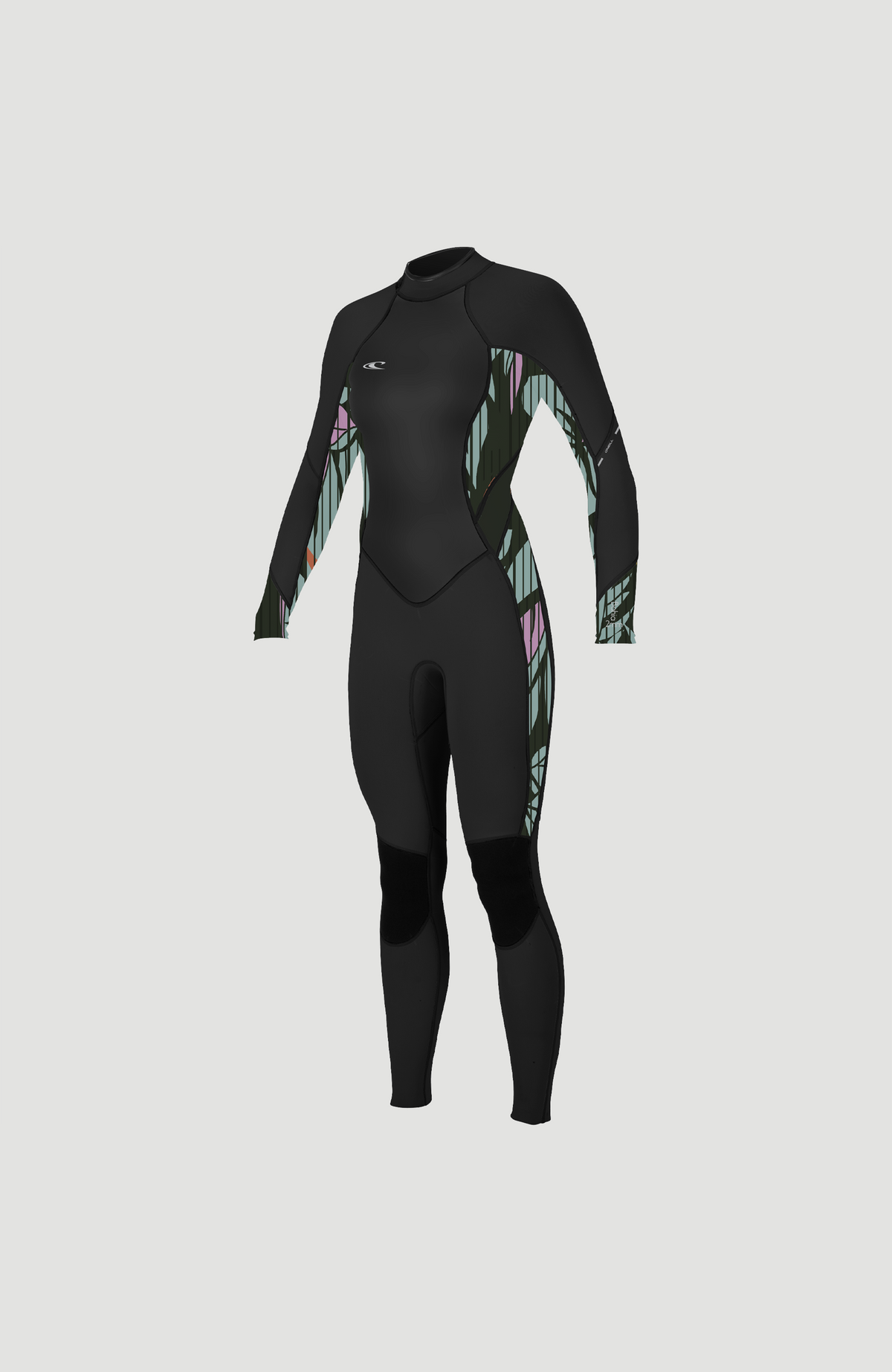 Wms Bahia 3/2 Back Zip Full Neoprenanzug, schwarz mit Grafikmuster in Rosa und Grün, freigestellt von schräg vorne