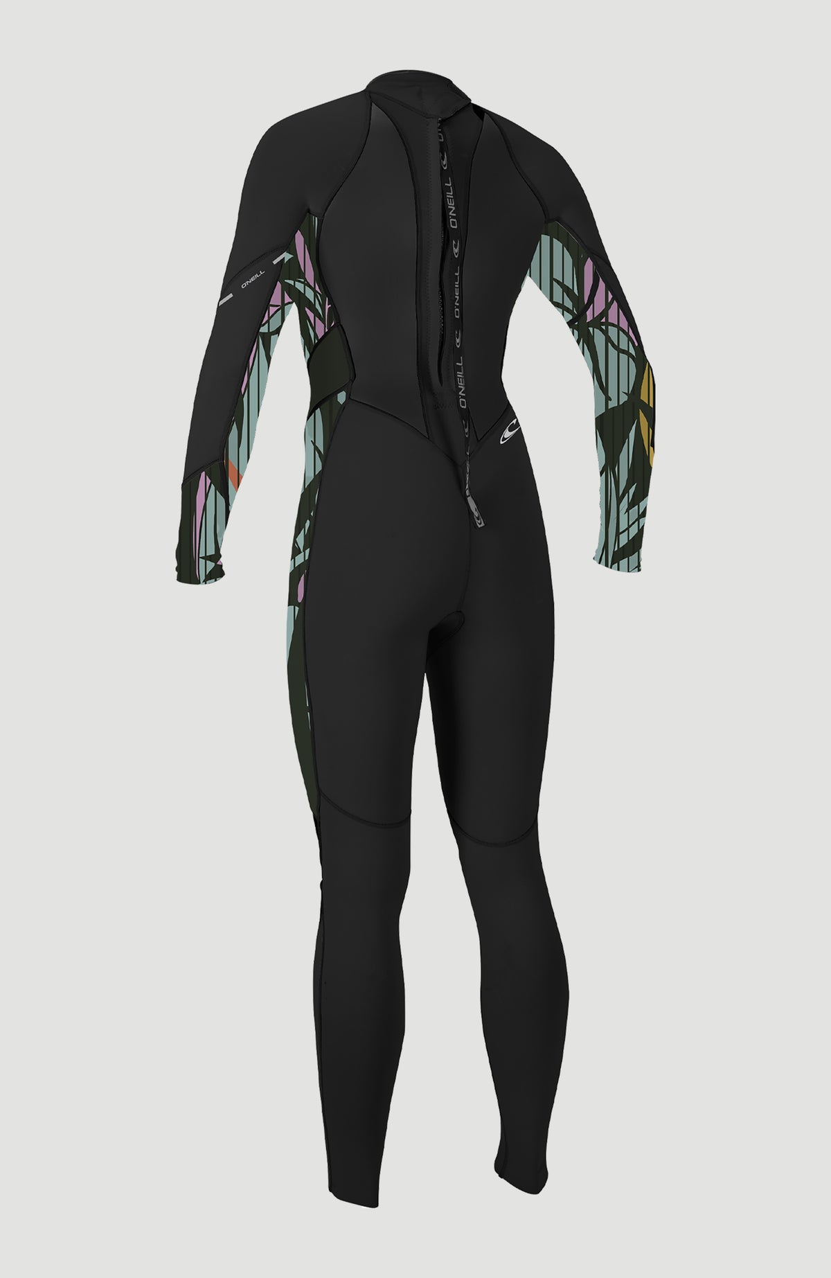 Wms Bahia 3/2 Back Zip Full Neoprenanzug, schwarz mit Grafikmuster in Rosa und Grün, freigestellt von schräg hinten