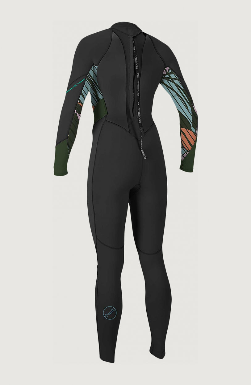 Wms Bahia 3/2 Back Zip Full Neoprenanzug, schwarz mit Grafikmuster in Rosa und Grün, Rückansicht mit Logo am Bein