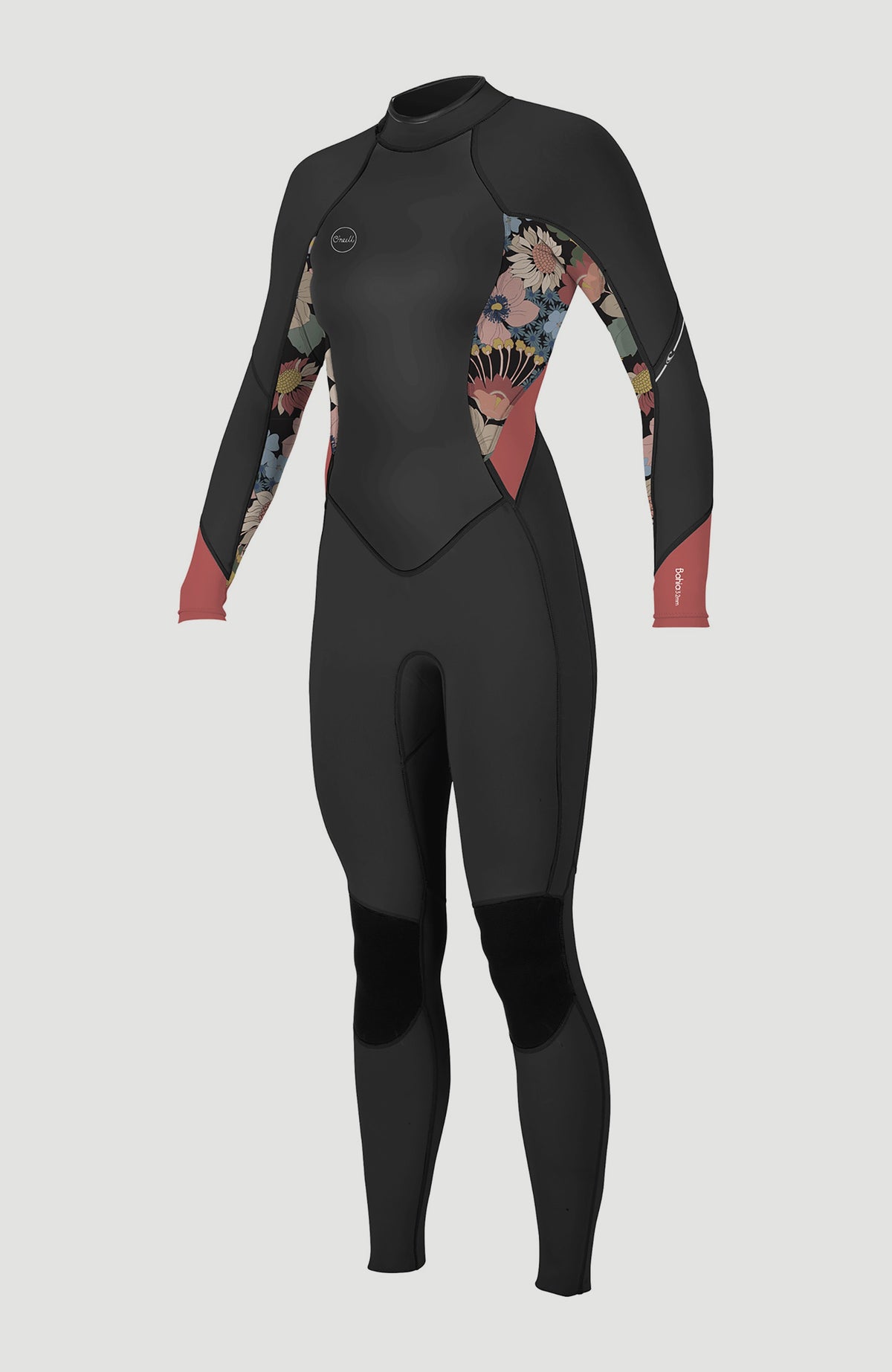 O'Neill Wms Bahia 3/2 Back Zip Full Neoprenanzug für Damen, schwarz mit Blumenmuster in Rosa, freigestellt von vorne