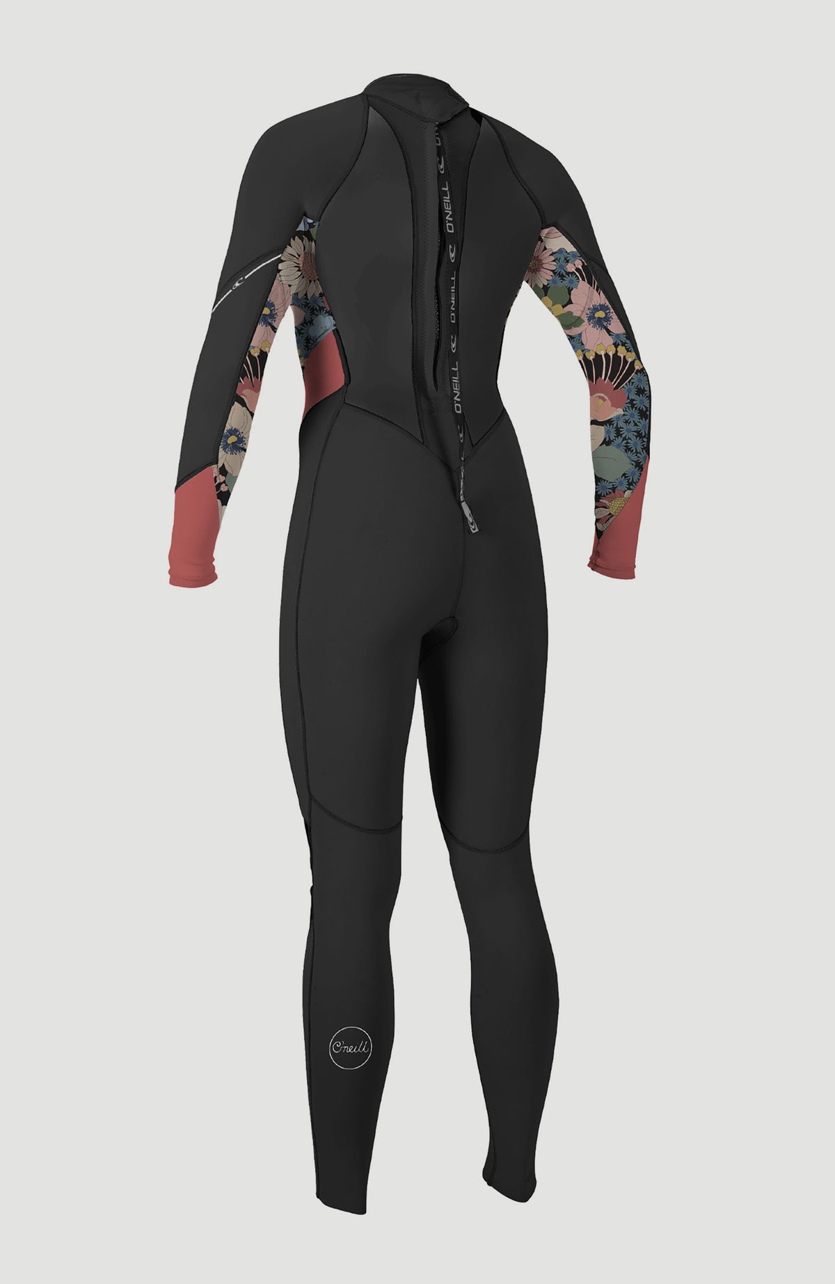 Wms Bahia 3/2 Back Zip Full Neoprenanzug, schwarz mit Blumenmuster, freigestellt von hinten, Reißverschluss am Rücken